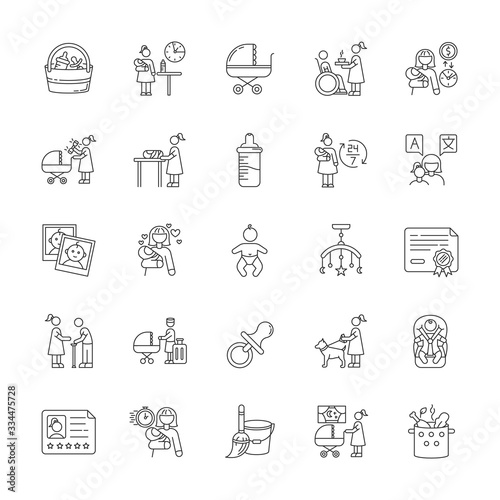 Babysitter service pixel perfect linear icons set. Child care. Help with kids. Full time nanny. Customizable thin line contour symbols. Isolated vector outline illustrations. Editable stroke