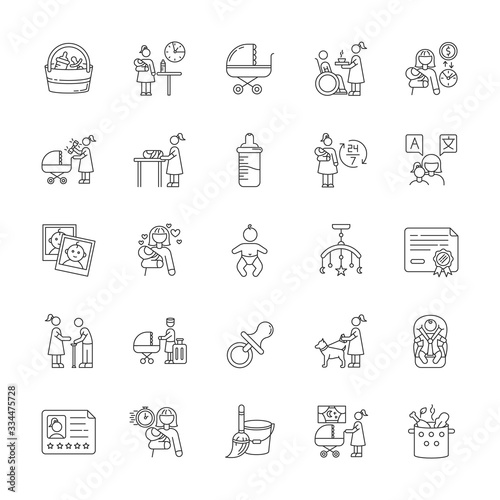 Babysitter service pixel perfect linear icons set. Child care. Help with kids. Full time nanny. Customizable thin line contour symbols. Isolated vector outline illustrations. Editable stroke