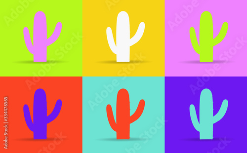Pop art style cactus vector pattern on multiple and repeated colorful psychedelic background.
