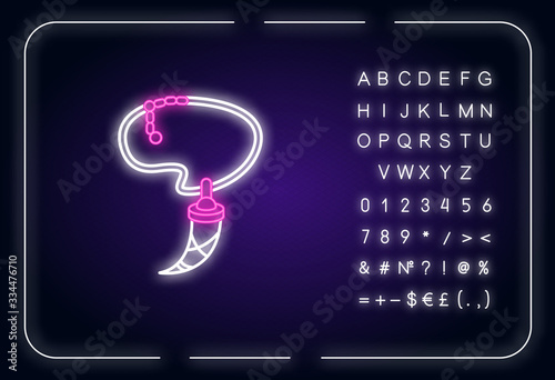 Necklace with animal tooth neon light icon. Magic amulet in boho style. Tribal and ethnic jewelry. Outer glowing effect. Sign with alphabet, numbers and symbols. Vector isolated RGB color illustration
