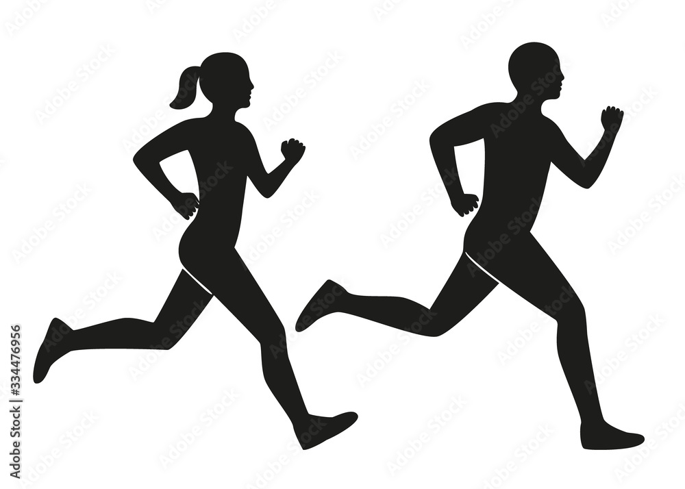 Young man and woman runs, black contour silhouette. Male and female runners. Sport lifestyle, speed, victory, race winning concept. Vector illustration