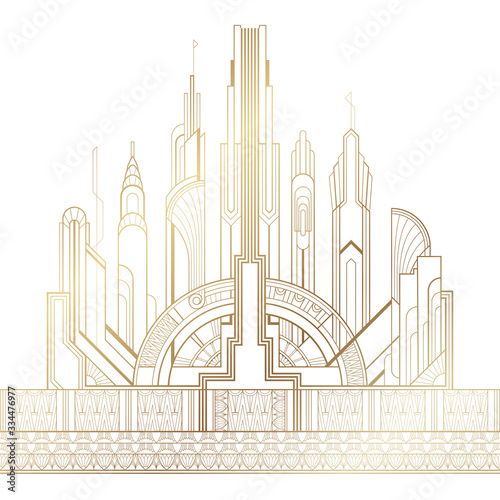 Stylized gold art deco illustration of the city on white background
