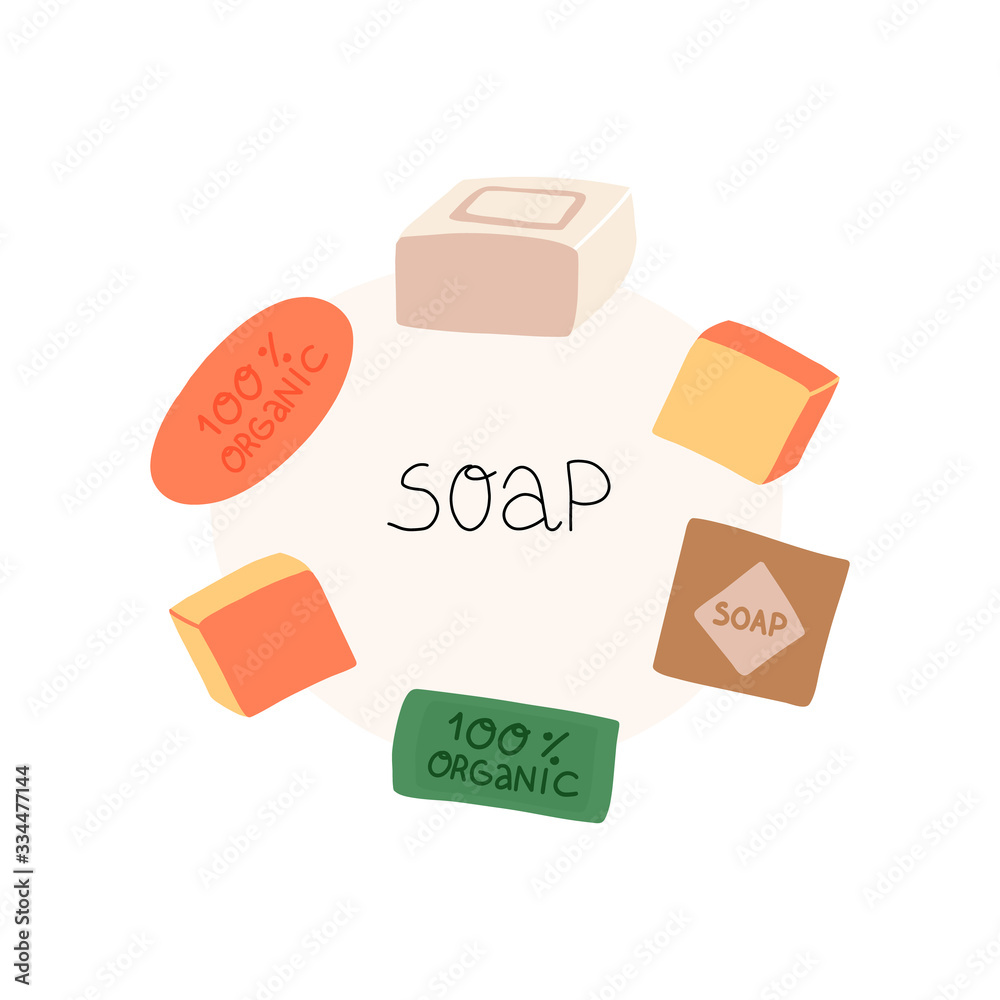 Various colorful bars of organic soap frame and Soap hand lettering on