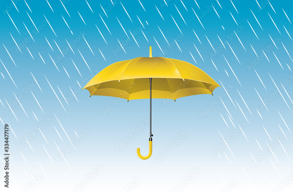 Open yellow umbrella on blue background. Protection against falling rain. Vector illustration - safety and security concept.