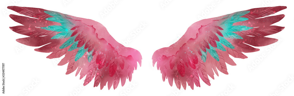 Fototapeta Piękne magiczne różowe bordowe akwarelowe skrzydła z turkusowymi piórami