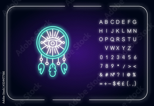 Boho style dreamcatcher with all seeing eye neon light icon. Ethnic handmade decor. Outer glowing effect. Sign with alphabet, numbers and symbols. Vector isolated RGB color illustration