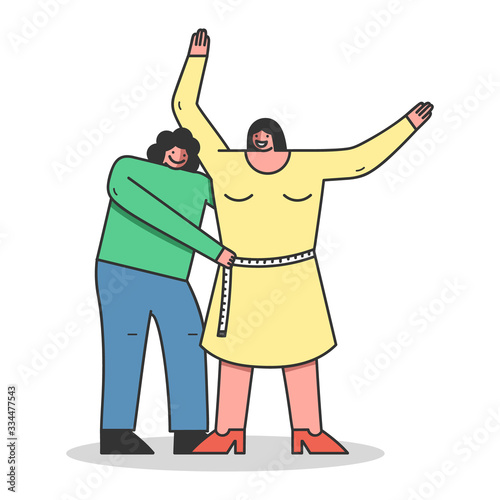 Concept Of Clothes Design, Clothes Textile Sewing Factory. Woman Is Working In Handmade Fashion Atelier. Designer Make Measurements Of A Model. Cartoon Linear Outline Flat Style. Vector Illustration