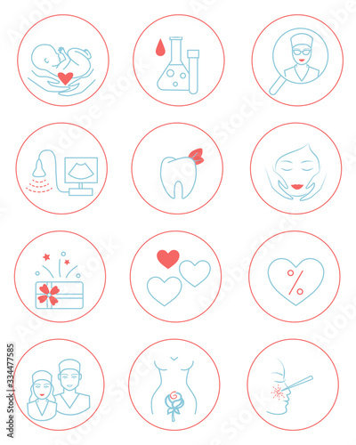 Medical highlight story covers for medicine clinic. Social Media icons for female target audience