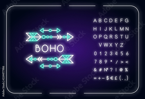 Boho aesthetic arrows neon light icon. Bohemian and hippie style accessory. Ethnic home decor. Outer glowing effect. Sign with alphabet, numbers and symbols. Vector isolated RGB color illustration