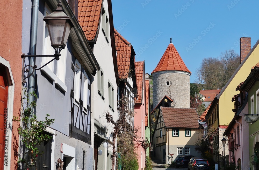 Sommerhausen, Rathausgasse und Roter Turm - obrazy, fototapety, plakaty 