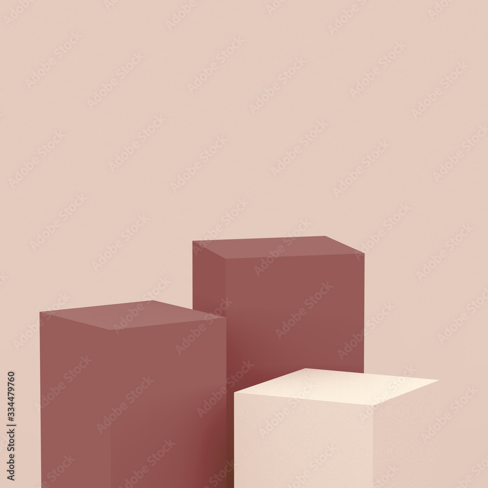 3d brown cubes square podium minimal studio background. Abstract 3d geometric shape object illustration render. Display for cosmetic perfume fashion product. Natural color tones.