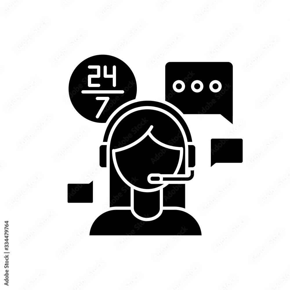 Customer service jobs black glyph icon. Call centre operator, online chat consultant. 24 hours assistance, client technical support. Silhouette symbol on white space. Vector isolated illustration