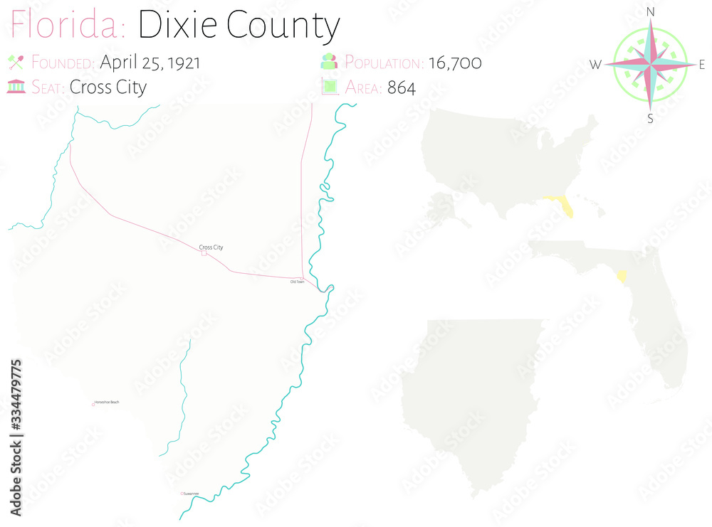 Large and detailed map of Dixie county in Florida, USA.