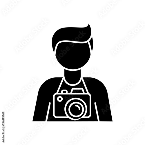 Freelance photographer, operator black glyph icon. Photojournalist, paparazzi, cameraman. Photo studio employee. Photography art. Silhouette symbol on white space. Vector isolated illustration
