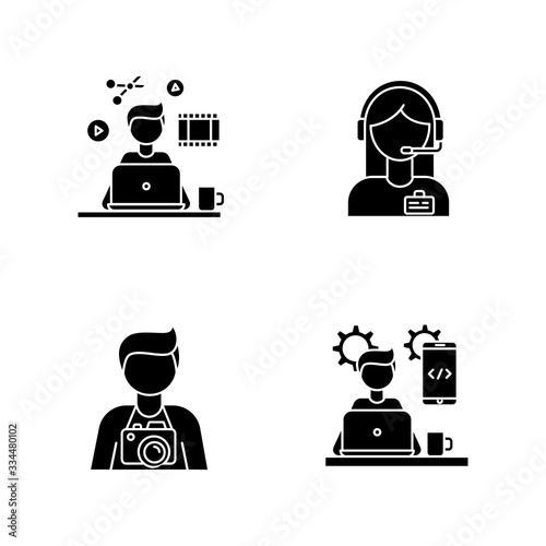 Remote workers black glyph icons set on white space. Video editor and photographer, mobile app developer. Administrator support and programming. Silhouette symbols. Vector isolated illustration