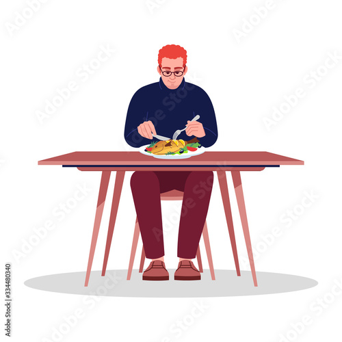 Young man enjoying seafood semi flat RGB color vector illustration. Dinner at gourmet restaurant. Redhead caucasian guy eating fish with fork and knife isolated cartoon character on white background
