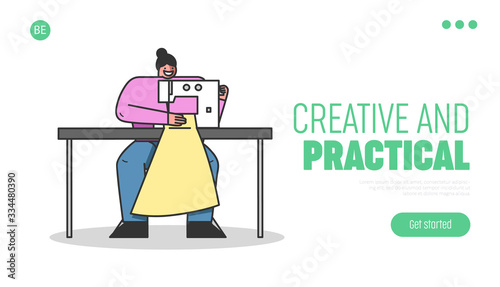 Concept Of Clothes Design. Website Landing Page. Designer Is Working In Handmade Fashion Atelier. Dressmaker Sew Dress On A Sewing Machine. Web Page Cartoon Linear Outline Flat Vector Illustration