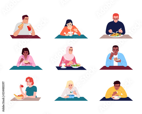 People eating food flat vector illustrations set. Young adults enjoying delicious meals, healthy and unhealthy snacks. Men and women sitting at tables isolated cartoon characters kit