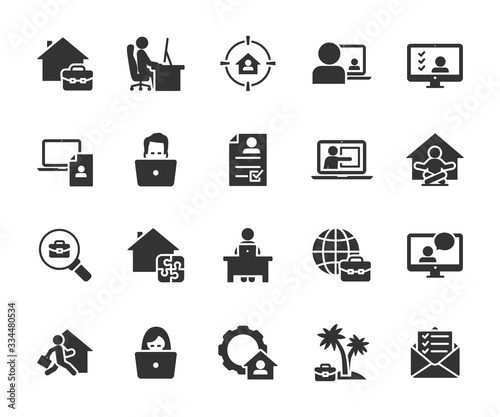 Vector set of remote work  flat icons. Contains icons working from home, interview online, freelance, search job, resume online, tasks online and more. Pixel perfect.