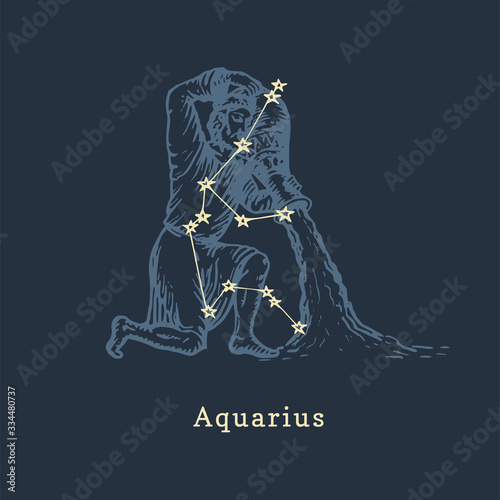 Zodiac constellation of Aquarius in engraving style. Vector retro graphic illustration of astrological sign Water Bearer