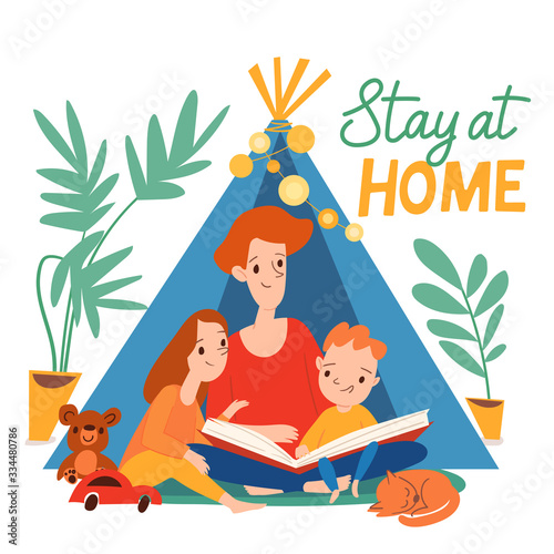 Stay home vector quarantine illustration with family spend time together