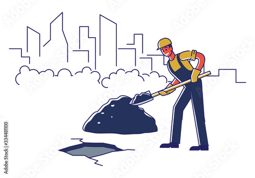 Concept Of Renovation Of Road. Worker Is Repairing Road Surface With Work Tools. Male Character In Uniform Use Shovel To Repair And Lay Asphalt. Cartoon Linear Outline Flat Style. Vector Illustration