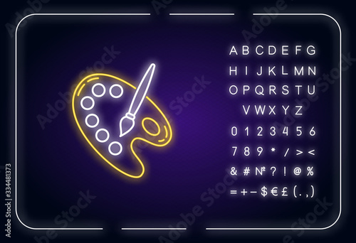 Art palette neon light icon. Creative hobby and crafting. Artist equipment. Drawing supplies. Outer glowing effect. Sign with alphabet, numbers and symbols. Vector isolated RGB color illustration