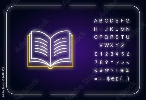 Open book neon light icon. Dictionary page. Write university paper. Notebook and textbook. Outer glowing effect. Sign with alphabet, numbers and symbols. Vector isolated RGB color illustration