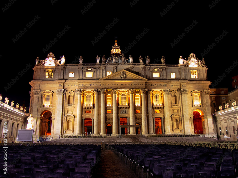 The famous St. Peter's Basilica at night in the Vatican