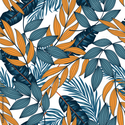 Abstract seamless tropical pattern with bright leaves and plants on a light background. Vector design. Jungle print. Floral background. Seamless pattern with colorful leaves and plants. © EltaMax99
