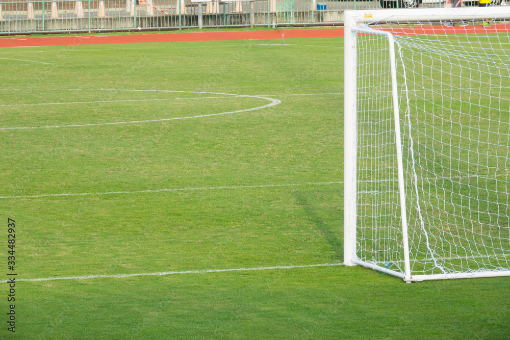 Fototapeta premium Artificial green grass and white border lines. Artificial turf for soccer field. Football field in an outdoor stadium. Soccer goal net.