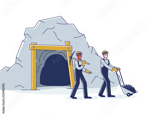 Concept Of Coal Mining, Extraction Industry. Workers are Mining Coal By Means Tools And Carrying It From Mine On Cart To The Warehouse Or Plant. Cartoon Linear Outline Flat Style. Vector Illustration