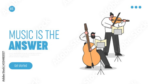 Symphony Orchestra, Classical Music Concept. Website Landing Page. Musicians Play Contrabass And Violin. Artists Play Composition In Theatre. Web Page Cartoon Linear Outline Flat Vector Illustration