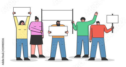 Mass Protest Action Concept. Group Of Dissatisfied People Are Protesting Outdoor Holding Big Protest Placards. Crowd Of People Demonstrating Together. Cartoon Linear Outline Flat Vector Illustration