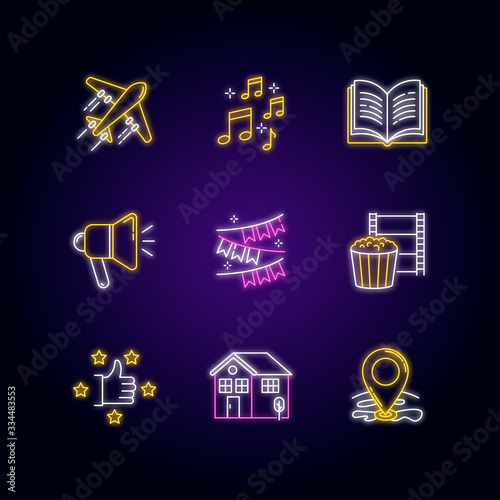Recreation neon light icons set. Travel with flight. Music notes. Event decoration. Movie night. Recommendation sign. Signs with outer glowing effect. Vector isolated RGB color illustrationss