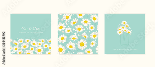 Set cute cards with camomiles flowers , seamless pattern, floral invite card for Mother's Day