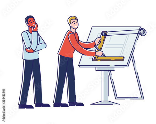 Concept Of Architect Profession. Men Creative Architects Are Drawing New Architectural Project Using Professional Drawing Desk And Scale Ruler. Cartoon Linear Outline Flat Style. Vector Illustration