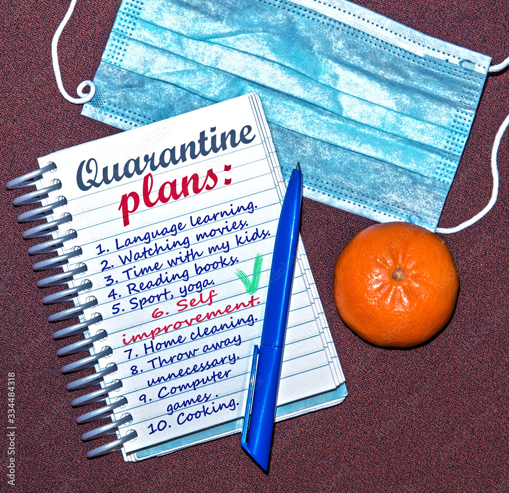 abstract image of a notebook with plans for what to do while a coronavirus quarantin (self improvement, lifestyle, harmony, do not panic – concept)