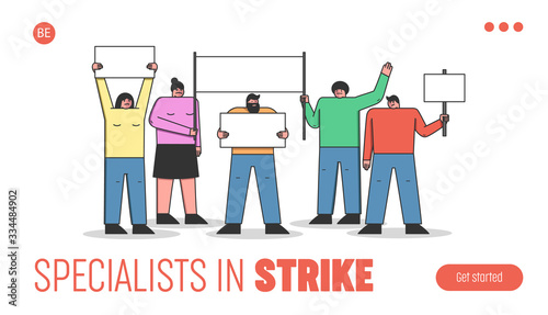 Mass Protest Action Concept. Website Landing Page. Group Of Dissatisfied People Are Protesting Outdoor. Characters Are Demonstrating Together. Web Page Cartoon Linear Outline Flat Vector Illustration