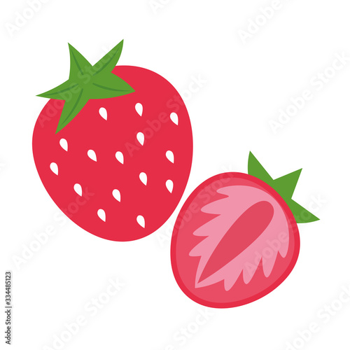 WHOLE STRAWBERRIES AND STRAWBERRIES IN A SECTION ON A WHITE BACKGROUND