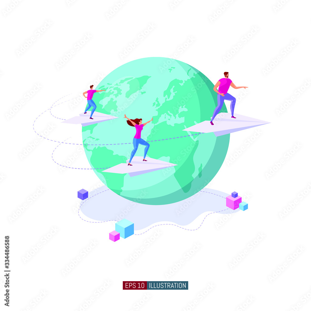 Isometric illustration. People fly on paper planes around the Earth. Teamwork concept. Globalization. International business project. Goal achievement. Template for your design works. Vector graphics.
