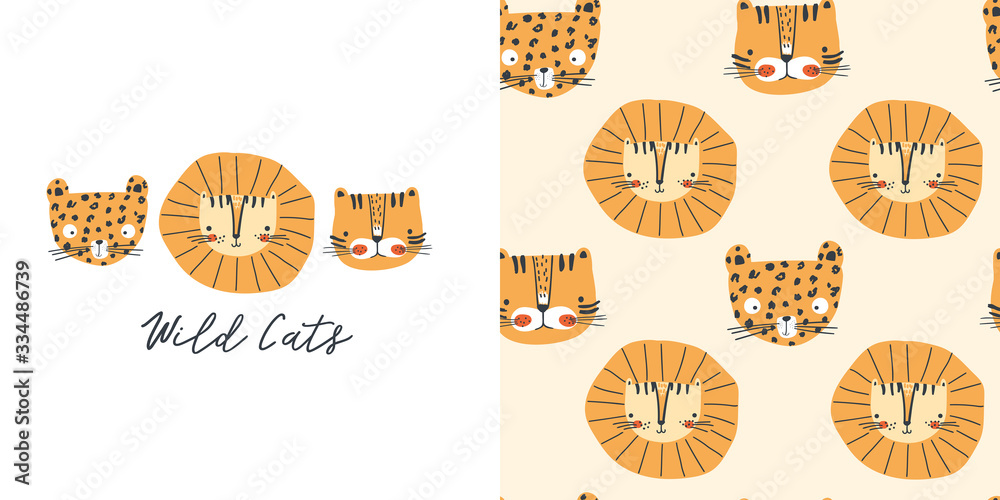 Wild cats. T-shirt design and seamless pattern for kids - obrazy, fototapety, plakaty 