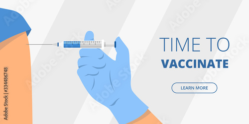Time to vaccinate. Hand holding medical syringe. Vector