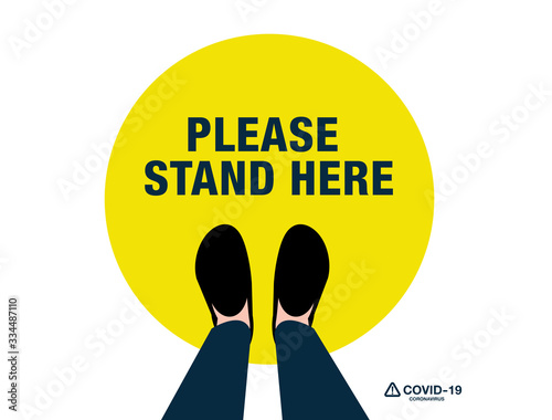 COVID-19 Coronavirus message asking supermarket customer to stand in space. Top view with text in public space practicing social distancing. Blackboard sign or symbol