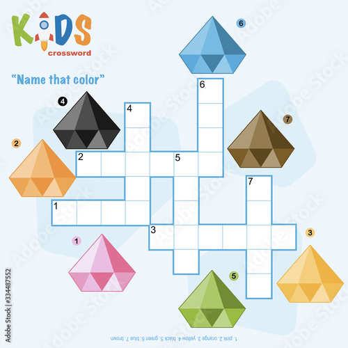 Easy crossword puzzle 'Name that color', for children in elementary and middle school. Fun way to practice language comprehension and expand vocabulary. Includes answers.