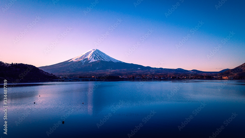 Sunrise View to the Fuji Mount in the Clear Pink and Violet Sky, Japan