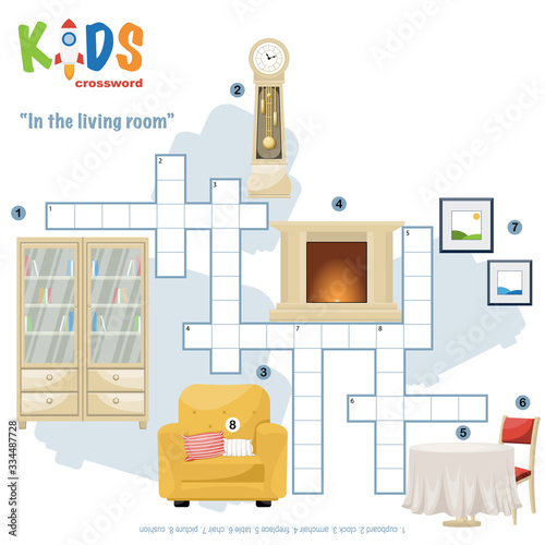 Easy crossword puzzle 'In the living room', for children in elementary and middle school. Fun way to practice language comprehension and expand vocabulary. Includes answers.