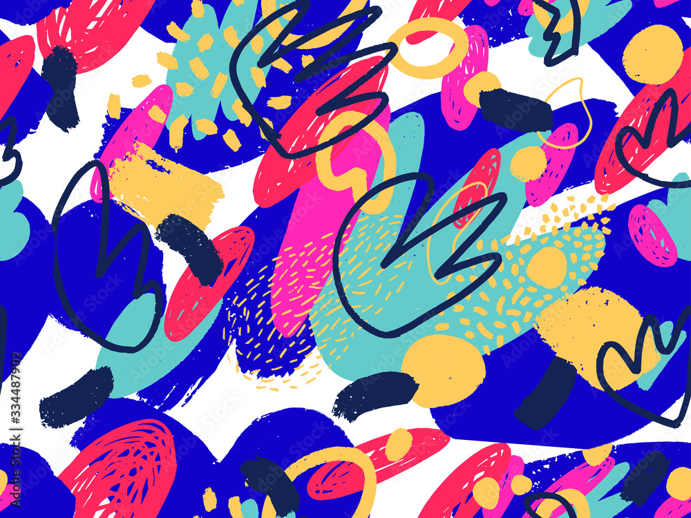 Naklejka Bezszwowe streszczenie doodle wzór tła w jasnych letnich pozytywnych kolorach. Ręcznie rysowane abstrakcyjny wzór z losowo ułożonymi plamami i kropkami i liniami. Tekstura ołówka i farby.
