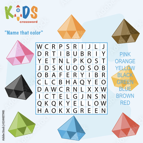 Easy word search crossword puzzle 'Name that color', for children in elementary and middle school. Fun way to practice language comprehension and expand vocabulary. Includes answers.