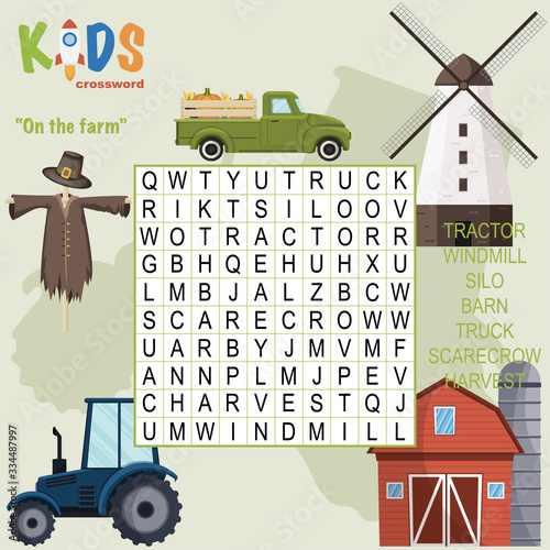 Easy word search crossword puzzle "On the farm", for children in elementary and middle school. Fun way to practice language comprehension and expand vocabulary. Includes answers.